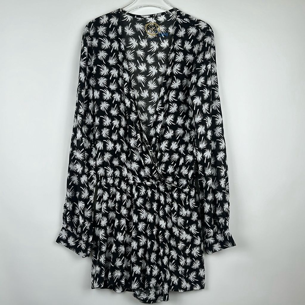 Blue Life Womens Romper Shorts Black & White Retro Palm Tree Print Size Small